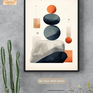 May include: Abstract geometric art print with a stack of gray and blue circles, orange and brown squares, and a large gray and blue rock. The print is framed in black and has the text "Be Your Wall heArt" at the bottom.