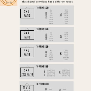May include: A chart showing different aspect ratios for digital downloads, with measurements in inches and centimeters. The ratios are 2x3, 3x4, 4x5, 5x7 (ISO), and 11x14.