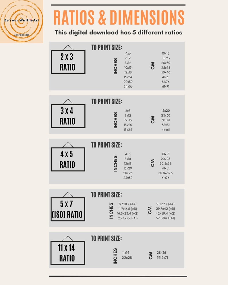 May include: A chart showing different aspect ratios for digital downloads, with measurements in inches and centimeters. The ratios are 2x3, 3x4, 4x5, 5x7 (ISO), and 11x14.