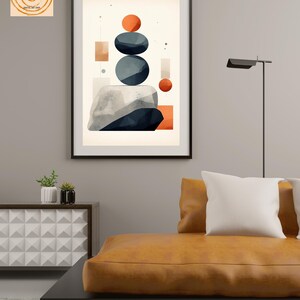 May include: Abstract geometric wall art print with a white background, featuring stacked gray and blue circles, orange and red circles, and geometric shapes in orange and beige.
