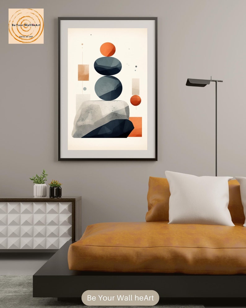 May include: Abstract geometric wall art print with a white background, featuring stacked gray and blue circles, orange and red circles, and geometric shapes in orange and beige.
