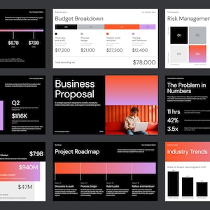May include: A collection of nine business presentation slides featuring data visualizations, including bar charts, timelines, and budget breakdowns. The slides use a color palette of black, white, orange, and purple gradients to display business metrics.