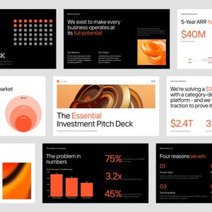 Pode incluir: Uma coleção de dez slides de apresentação com um esquema de cores preto e branco com detalhes em laranja. Os slides exibem dados de negócios, incluindo gráficos e texto como The Essential Investment Pitch Deck, 5-Year ARR forecast e The problem in numbers, detalhando projeções financeiras e métricas operacionais.