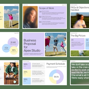 May include: A digital business proposal template for Apex Studio featuring nine slides with a light purple, yellow, and white color scheme. The slides include text sections, charts, and photographs of people in outdoor settings, organized in a grid layout.