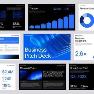 Könnte beinhalten: Eine Business-Pitch-Deck-Präsentationsvorlage mit mehreren Folien auf dunklem und hellem Hintergrund, blauen Akzentfarben, Datendiagrammen, Balkengrafiken, Tortendiagrammen und Textüberschriften wie Customer Needs, Traction und Revenue Streams.