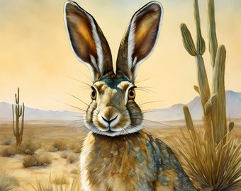 Caminante del desierto: liebre de Mojave, acuarela, conejo, conejo de Sonora, suroeste, boho, pintura caprichosa, impresión digital, arte de pared