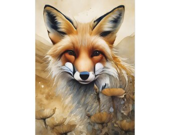 Desert Fox and Wildflowers Poster Print Watercolor Mojave Sonoran Daisy Southwest Cute Pretty Western Painting Art Canvas Wall Picture
