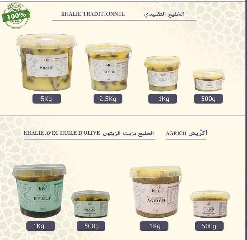 May include: Four containers of preserved olives in various sizes, ranging from 500 grams to 5 kilograms. The containers are labeled "KHALIE" and "AGRICH" in Arabic and French. The containers are arranged in two rows, with the larger containers on top and the smaller containers on the bottom.