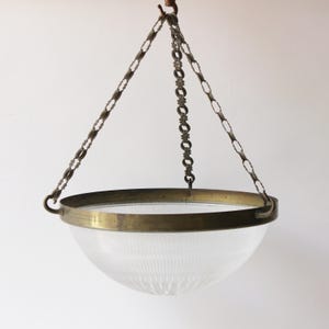 Holophane Ceiling Light, Brass, Glass, Decorative Chain, Industrial, 1950&#39;s, 31/12cm