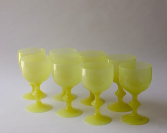 Portieux Vallerysthal Set of 8 Cordial Glasses, Canary Yellow Opaline, Vintage, Made in France, Uranium, Rare, 13cm