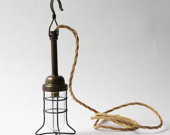 Mosiężna lampa inspekcyjna, zabytkowa, lampa silnikowa, lampa ostrzegawcza, przemysłowa, lata 30. XX wieku, 22/8,5 cm