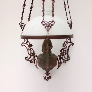 Art Nouveau Chandelier, Oil Lamp, Ceiling Light, Antique, Counterweight, Leaf and Flower Mofits, Glass Shade, 1900&#39;s, Rare, Large, Brass.