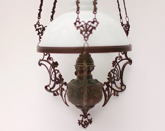 Art Nouveau Chandelier, Oil Lamp, Ceiling Light, Antique, Counterweight, Leaf and Flower Mofits, Glass Shade, 1900&#39;s, Rare, Large, Brass.