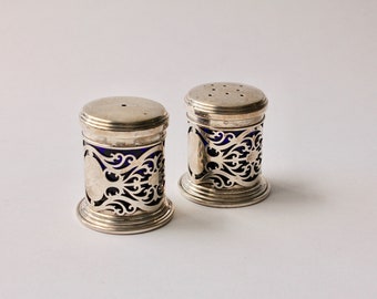 Sterling Silver Salt and Pepper Shakers/Pots, Pieced, Broadway & Co, Birmingham, Blue Glass, 2001, 6/5cm