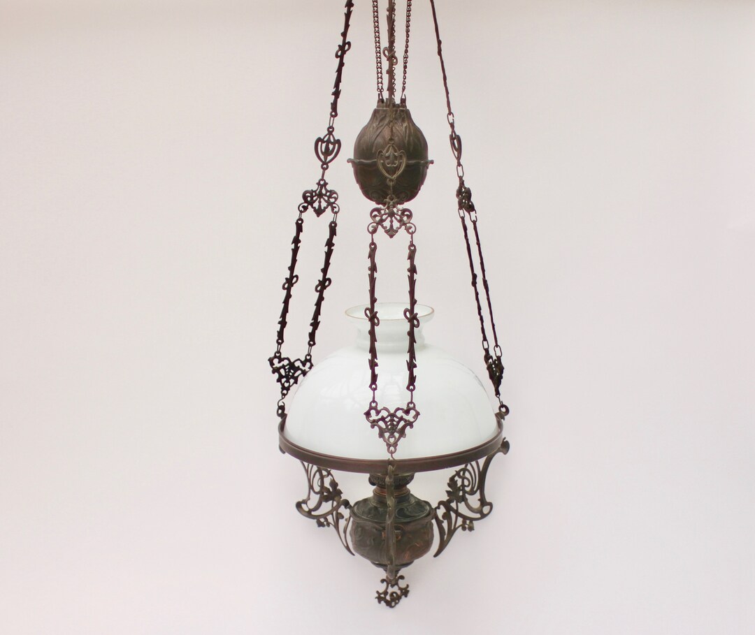Art Nouveau Chandelier, Oil Lamp, Ceiling Light, Antique, Counterweight