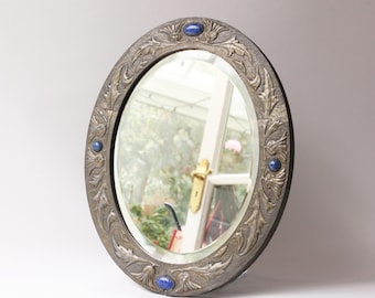 Arts & Crafts Pewter Mirror, Thistle, Hammered Design, Blue Cabochons, Edwardian, Collectable, Bevelled Glass, Pinned, 45/36/2.5cm