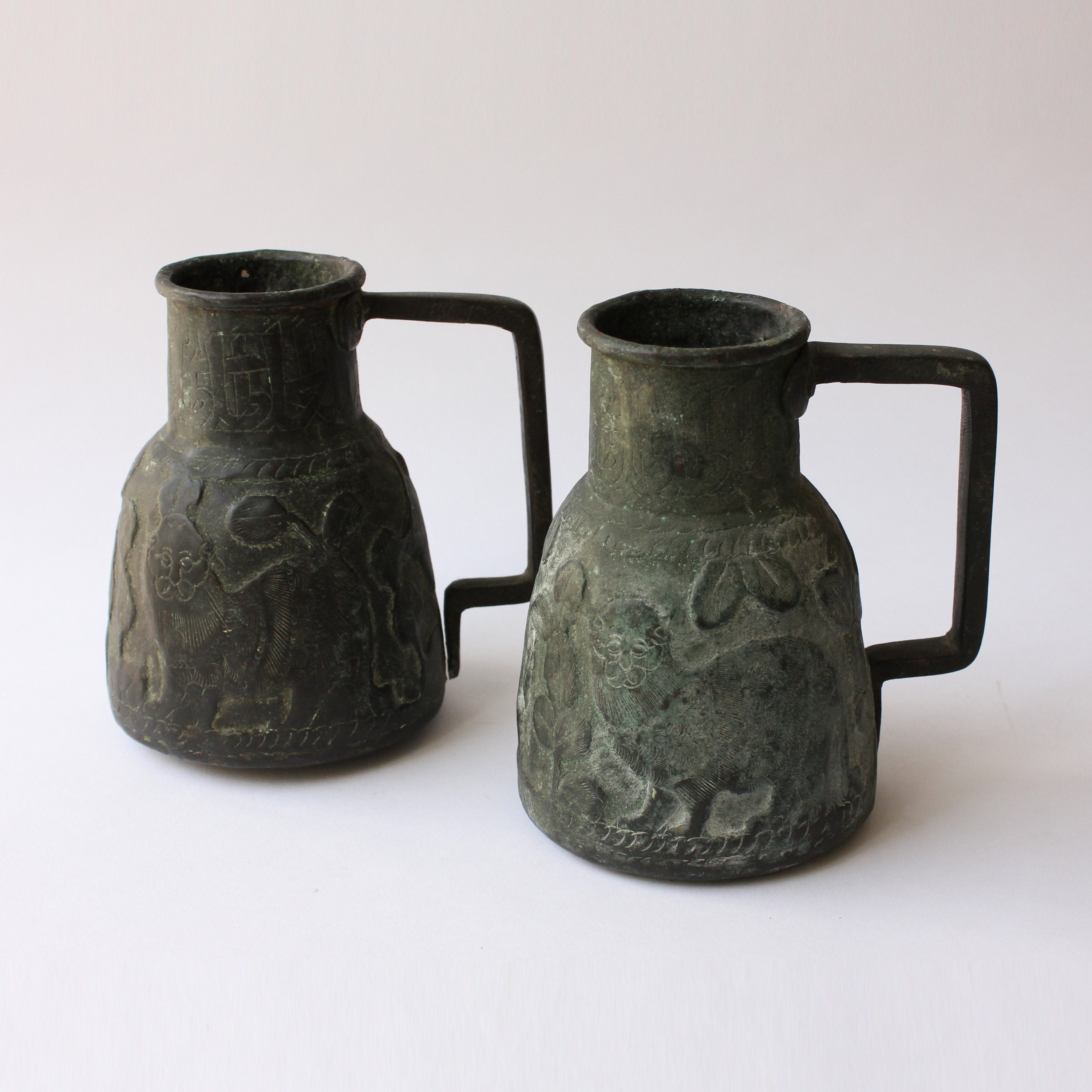 Antique Pair of Islamic Pitchers, Brass, Primitive Figures, 13.5/10cm
