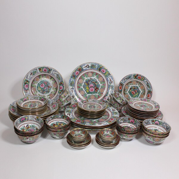 66 Piece Bone China Dinnerware Set,Vintage,Famille Rose Medallion,Gold Trim, Colourful,Dinner for 6, Hand Painted.(12 place set available)