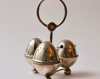 Silver plated Vintage Cruet Set, Condiment Set, Salt, Pepper, Mustard, 1930&#39;s, 10/14cm