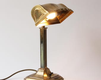 Bankers Desk Lamp, 1920'S, Brass, Scalloped Trough Shade, Toggle Switch, Adjustable Shade, 15/15/31cm