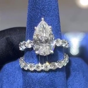 3 CT Pear Cut Moissanite Engagement Ring Set – 10K Solid White Gold Bridal Ring with Matching Eternity Band – Anniversary & Wedding Jewelry