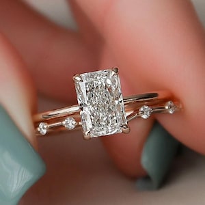 2 CT Radiant Cut Moissanite Engagement Ring & Hidden Halo Bridal Set - Solitaire Wedding Anniversary Gift for Her