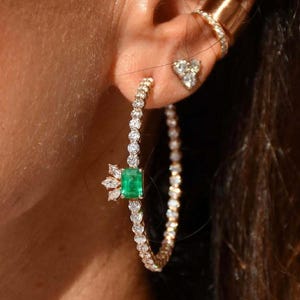 Round Cut Moissanite & Emerald Hoop Earrings, Inside Out Diamond Style, Women&#39;s Special Gift Jewelry