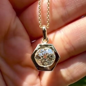 2.00 Ct Round Cut Moissanite Pendant Hexagon Bezel Set Moissanite Pendant 14k Yellow Gold Antique Old European Cut Diamond Pendant OMC Cut