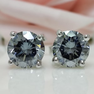 Mesmerising Diamond Grey Studs Earrings 1.50CT Round Brilliant Cut, 925 Sterling Silver, Diamond Earrings with Push Back, Anniversary Gift