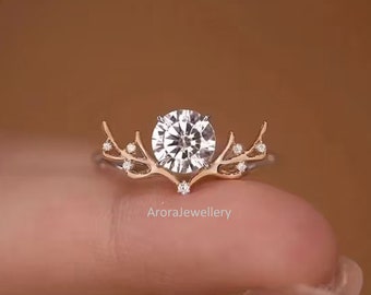 Unique Art Deco Round Cut Moissanite Ring Antlers of deer Vintage Ring Engagement Ring Anniversary Ring Valentines Day Gift For Her