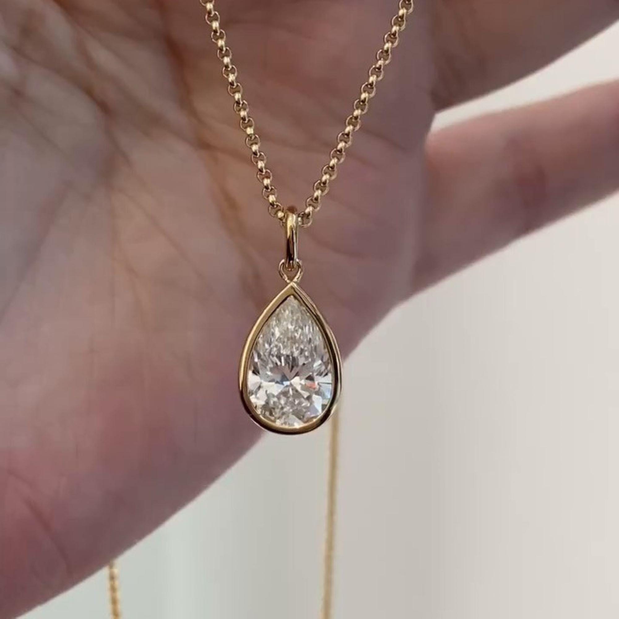 2 CT Pear Cut Moissanite Bezel Set Pendant, Solid Gold Teardrop