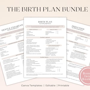 Op de afbeelding: Een bundel van drie afdrukbare geboorteplan sjablonen met de tekst "THE BIRTH PLAN BUNDLE". De sjablonen behandelen Gentle Cesarean, Birth Preferences en Induction, met secties voor details, gezondheidsinfo en geboortepreferenties. Inclusief een "Bonus: Intro Booklet".