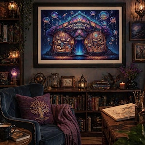 May include: A framed print of "The Dreamweaver's Emporium" hangs above a dark blue velvet armchair with a purple pillow and throw. The print depicts a whimsical, colorful fantasy scene with the shop's name in gold lettering.