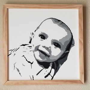 May include: A black and white painting of a baby with a smiling expression. The baby is wearing a white shirt and is looking to the left of the frame.