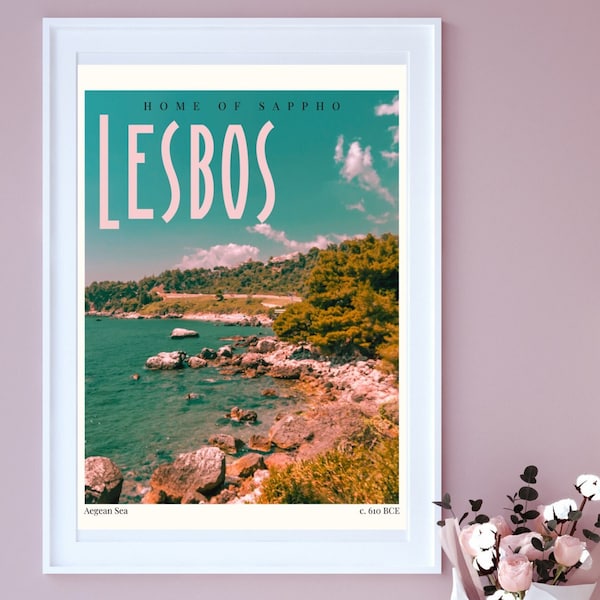 Lesbos Soft Travel Poster. Sappho Vintage inspired downloadable print. LGBTQ decor. Colorful decor gift for lesbians & sapphics.