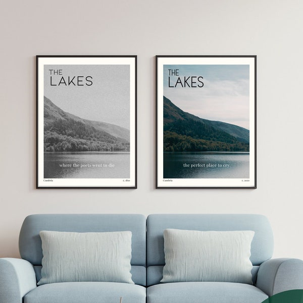 The Lakes Dual Colors Downloadable Travel Poster Pack. Music album inspired prints. Vintage aesthetic nature gallery art dark academia