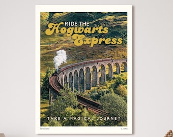 Wizard School Train Travel Poster. Vintage aesthetic HP print. Gift for fantasy book lovers and readers.