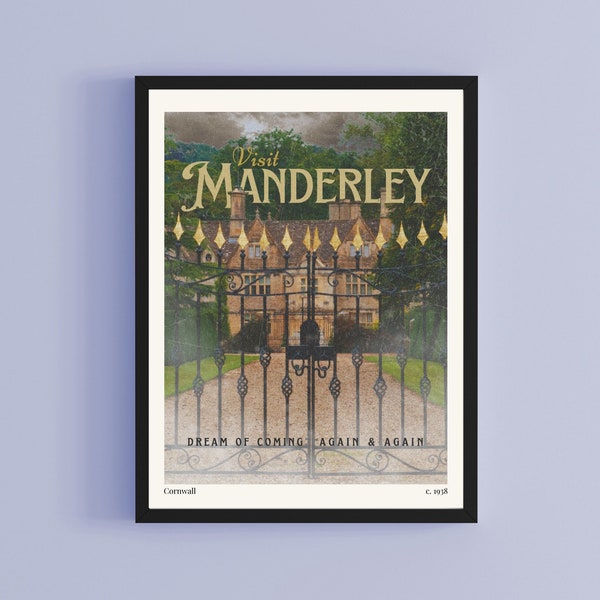 Manderley Travel Poster. Vintage aesthetic Rebecca inspired literary print. Dramatic English manor decor for readers