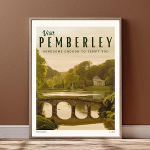 Pemberley Reiseposter. Stolz & Vorurteil von Jane Austen Retro Decor. Vintage literarisches Reiseplakat. Geschenk für Buchliebhaber und Leser.