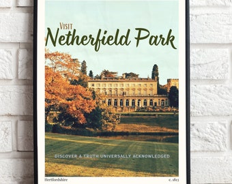 Netherfield Travel Poster. Pride and Prejudice by Jane Austen inspired vintage print. Aesthetic gift for book lovers. Reader present.