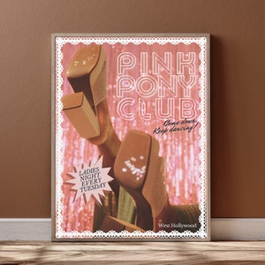 Póster de Pink Pony Club. Impresión lésbica de estética retro para fanáticos de la música queer. Arte mural disco LGBTQ sáfico. Decoración vaquera gay Y2K WLW