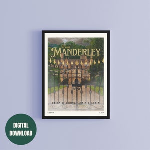 Manderley Herunterladbares Reiseplakat. Vintage ästhetische Rebecca inspirierte literarische Druck. Dramatisches englisches Herrenhaus Dekor für Leser