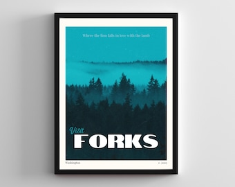 Twilight Forks WA Travel Poster, Moody PNW Art (Digital Download)