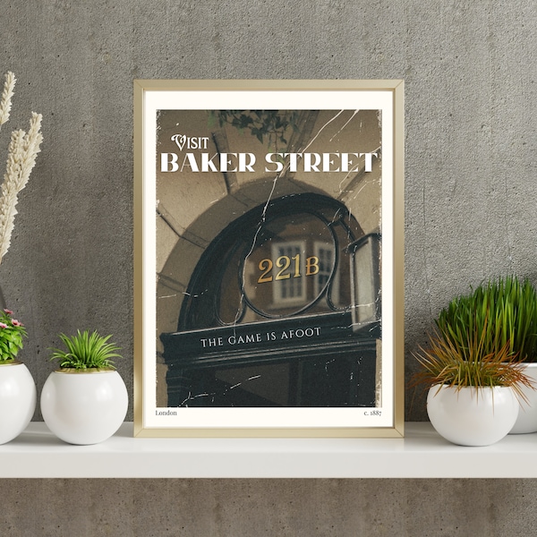 Sherlock Holmes Vintage Travel Poster. 221b Baker Street Arthur Conan Doyle aesthetic print. Bookish gift for mystery reader. Film style art