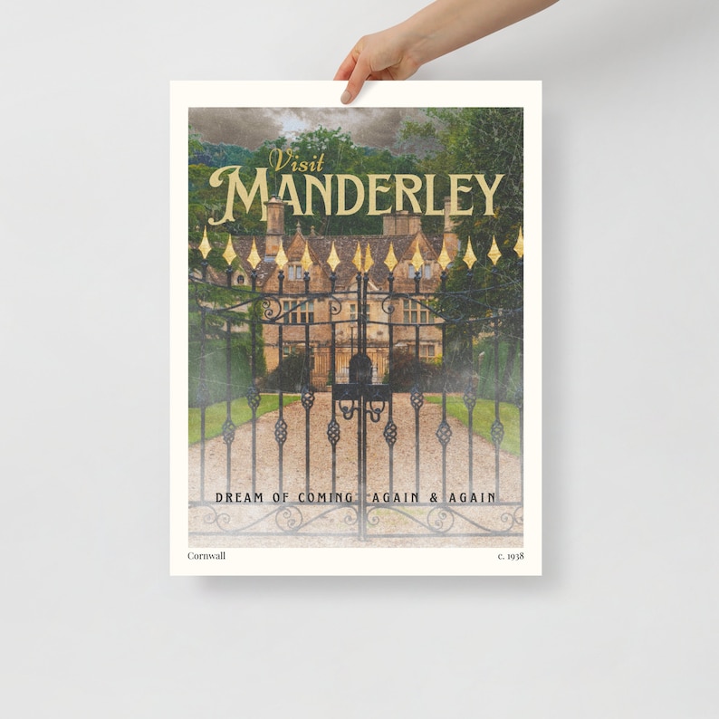 Manderley Travel Poster. Vintage aesthetic Rebecca inspired literary print. Dramatic English manor decor for readers