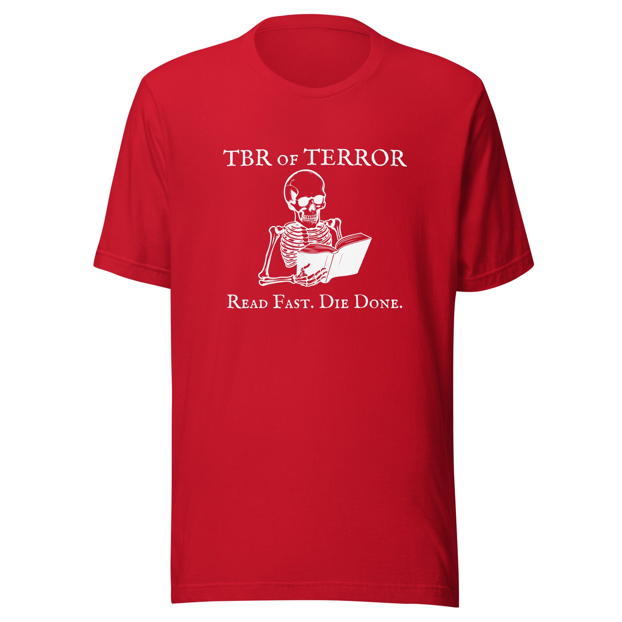 Discover TBR of Terror Halloween Graphic Tee. Spooky October t-shirt gift for readers. Funny fall skeleton book lover shirt.