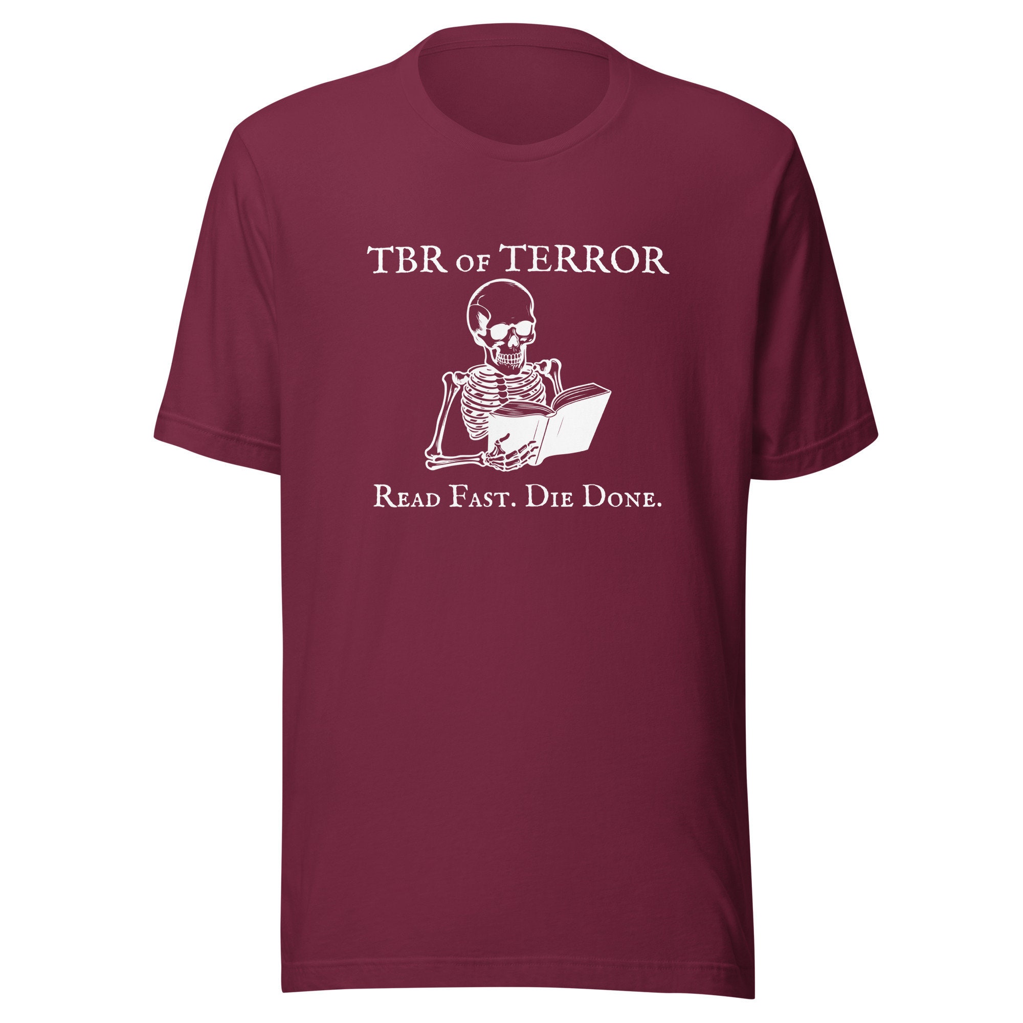 Discover TBR of Terror Halloween Graphic Tee. Spooky October t-shirt gift for readers. Funny fall skeleton book lover shirt.