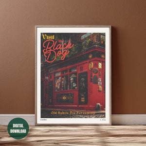 The Black Dog Downloadable Travel Poster. Vintage aesthetic lyrics print. Dark academia TTPD gift for fans. English pub moody music decor