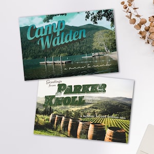 May include: Two vintage-style postcards. The top postcard features a lake scene with the text "Camp Walden" and "a summer to remember." The bottom postcard says "Greetings from Parker Knoll Napa Valley California" with a vineyard image.