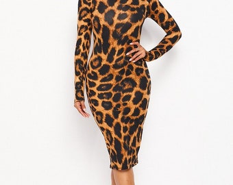 knockout dress with adult themed pattern in beige leopard print KALILAH MINI DRESS